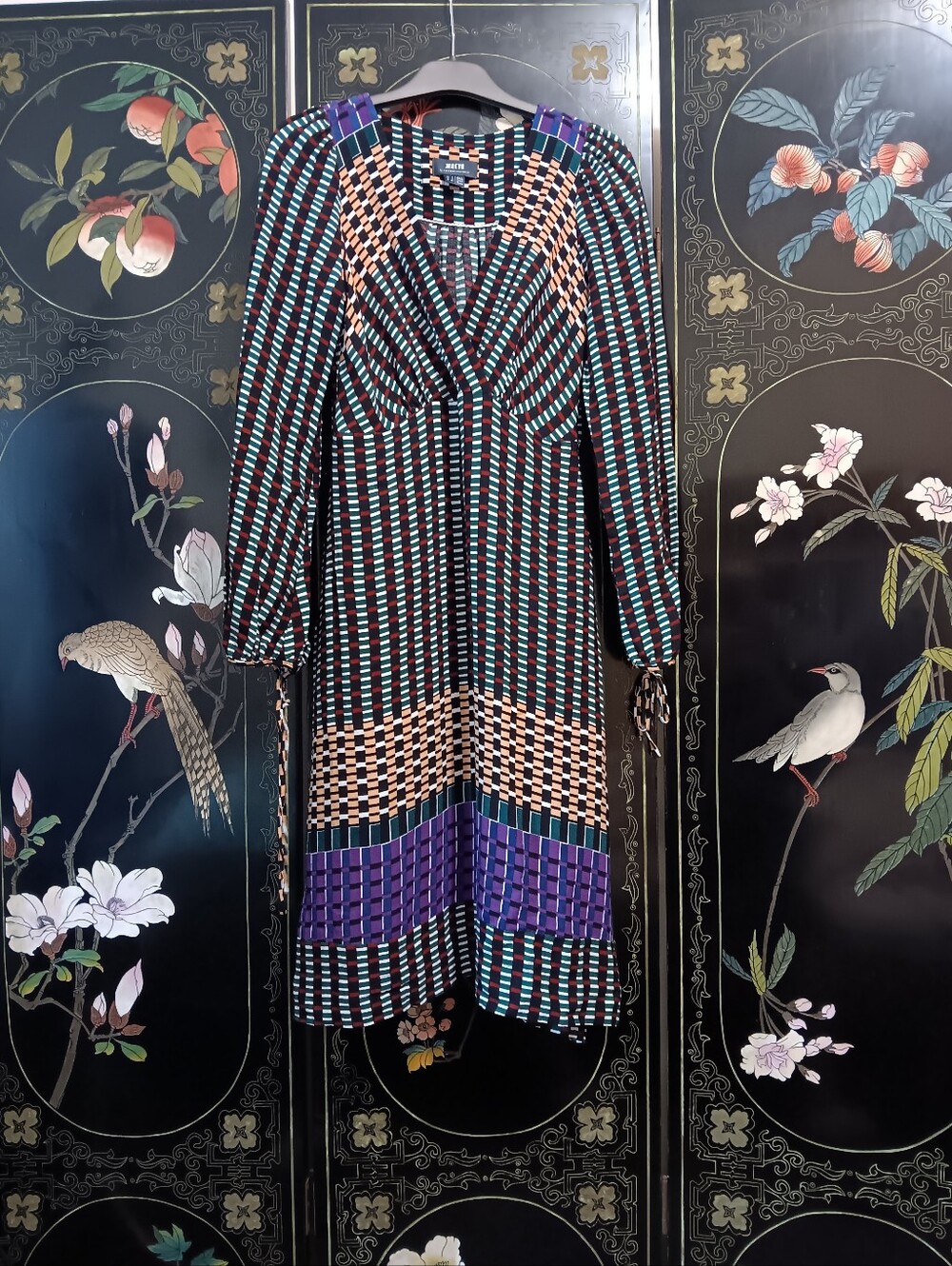 Anthropologie Multicolor Geometric V‑Neck Long Sleeve Dress